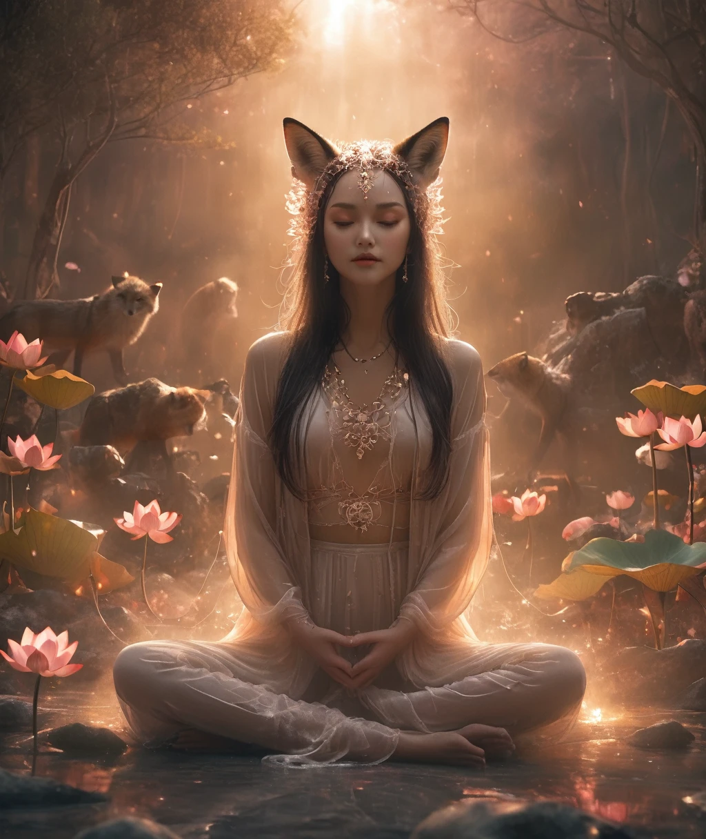 Lotus pose girl full body photography,Anatomically correct,Raw, Filming, (Be focused:1.5), (Reality:1.4), Dusk lighting, Volumetric Lighting, Ultra-high resolution, 16K,Dramatic Lighting, White background:1.5)(tangled,Mandala,dispute,Entanglement:0.7)Fox Demon,Fox Mask,short jacket, Foxfire Curse, fox family, Transformation, Depth of Field, Dreamy atmosphere, The most beautiful chaos, grace, Brutalist Design Dark Theme, Flower of Death, Flowers of ecstasy,Glowing Line,Glow Example,Tracking Example,flash, Backlight,translucent,Light Particles,HILL,exit