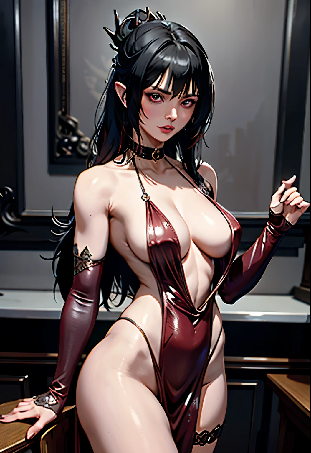 Beautiful Alluring female diva, wearing a very revealing dress with black and red patterns, wearing jewellry with the symbols of playing cards, wearing heart shaped red sunglasses, long black hair, Athletic Well Toned Body, Elegant Form, Bare Skin, Inside A casino booth, Barely Clothed, cleavage, long leather red gloves, thigh high leather red boots, Beautiful Face, Ominous Gothic Theme, Fiverr Dnd Character, Octane Render, Digital Art, Extreme Detail, 4k, Ultra Hd, Polished, Beautiful, Hyperdetailed, Intricate, Elaborate, Meticulous, Photorealistic, Sharp Focus, Wlop, Character Design, Unreal Engine, 3d Rendered, Volumetric Lighting, Reflections, Glossy, Digital Illustration, Pose, Suggestive Pose, Lewd, Full Body Shot, very small breasts, anatomically correct, 💖❤💕💋❣