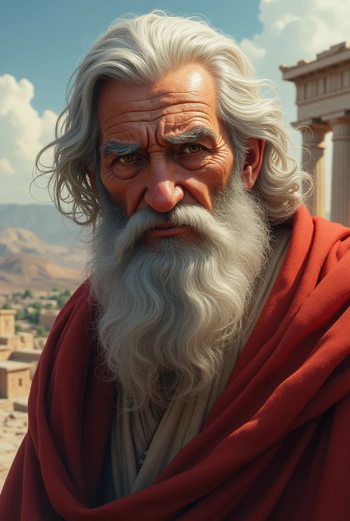 Create a realistic image of a man with the appearance of a Greek philosopher