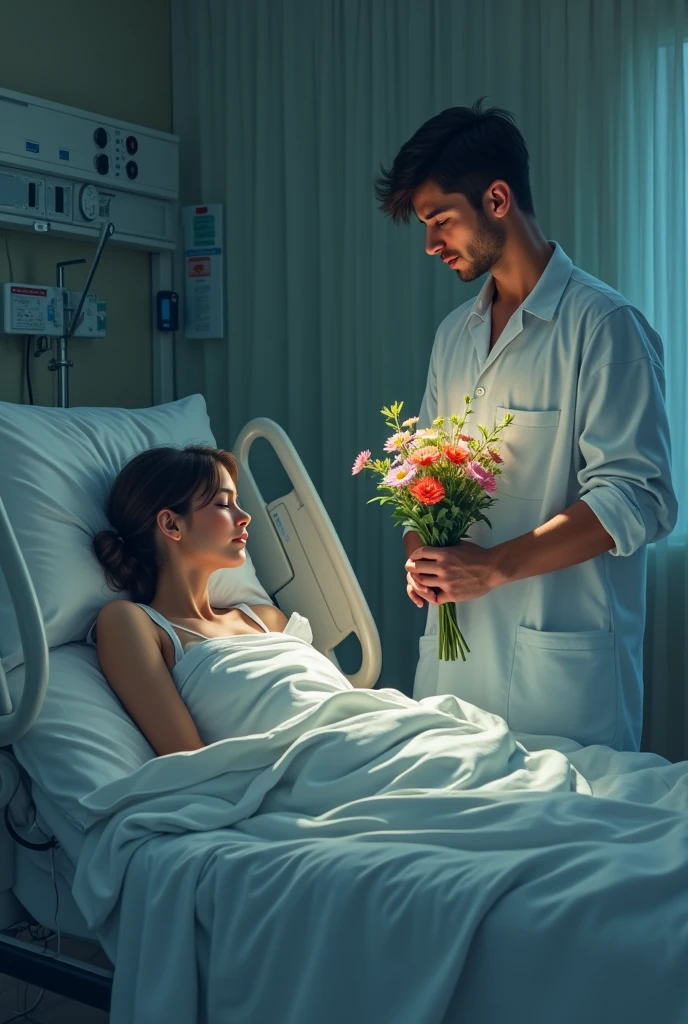 A woman sleeping in a hospital bed and a man crying next to her with a bouquet of flowers. Point de vue de l'autre bout du lit 