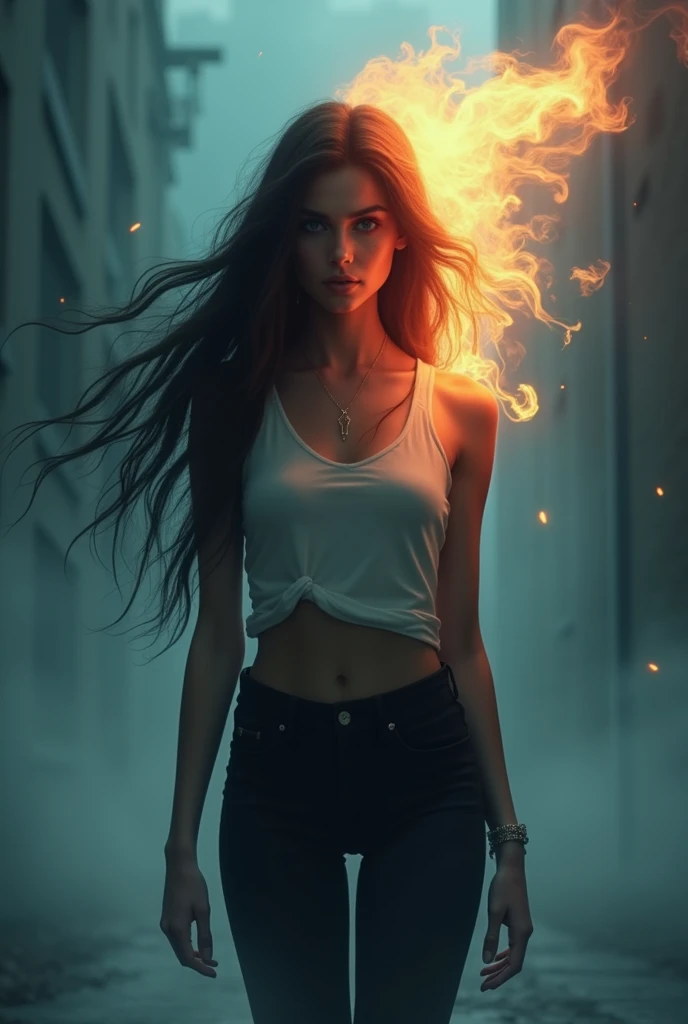 animation illustration, 1 woman, black pants, long hair,, dramatic fog, etc., my face shines, Fill lamp,Creepy, fill with light, ((masterpiece)), ghost, White, Hair on fire,