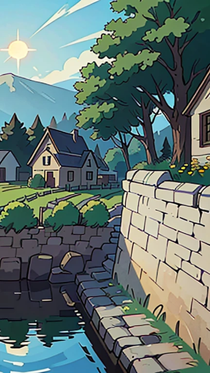 (best qualityer:0.8) perfect anime illustration The sun beat down relentlessly on the village , its light reflected clearly on the stone walls that gave the town its name.