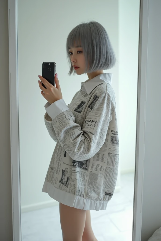 highly detailed, beautiful, hyper Realistic girl, masterpiece, best quality, Japanese sexy gravure woman, 2, identity hidden, takes a selfie in her room using a smartphone in front of a mirror with one hand, fashion model Posing, looking away from the camera, /// gray short hair, light color eyes, Realistic skin, Detailed face, /// Design a futuristic fashion ensemble centered on white, (wearing a All News Paper Print Big nylon Shirt, Shorts are hidden in a big and logshirt). Complete the look with white ankle boots that have a metallic finish and a translucent, geometric silver bag. The overall vibe should exude a sleek, forward-thinking style that seamlessly blends modern minimalism with a touch of the future, /// Monotone simple modern taste single room, mirror, complicated background,