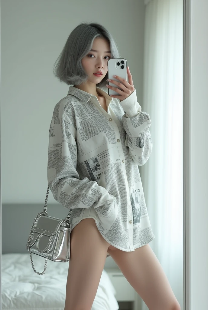 highly detailed, beautiful, hyper Realistic girl, masterpiece, best quality, Japanese sexy gravure woman, 2, identity hidden, takes a selfie in her room using a smartphone in front of a mirror with one hand, fashion model Posing, looking away from the camera, /// gray short hair, light color eyes, Realistic skin, Detailed face, /// Design a futuristic fashion ensemble centered on white, (wearing a All News Paper Print Big nylon Shirt, Shorts are hidden in a big and logshirt). Complete the look with white ankle boots that have a metallic finish and a translucent, geometric silver bag. The overall vibe should exude a sleek, forward-thinking style that seamlessly blends modern minimalism with a touch of the future, /// Monotone simple modern taste single room, mirror, complicated background,