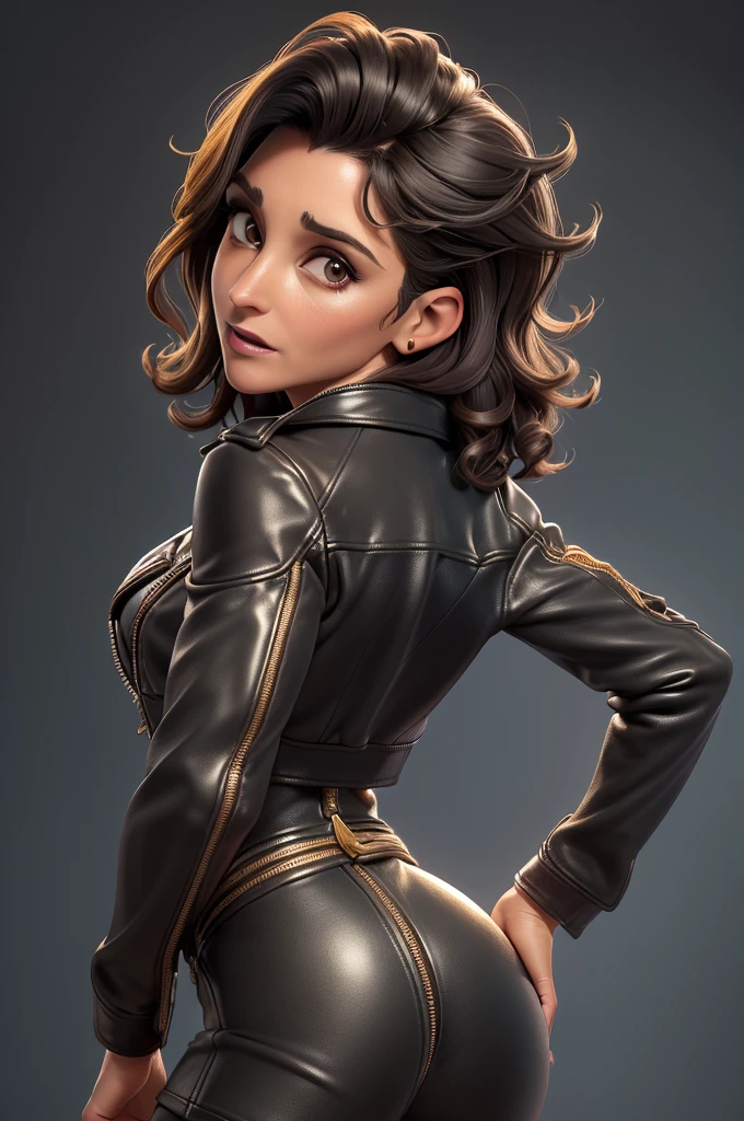 obra prima, melhor qualidade, ((only one woman,)) ((julia louis dreyfus, dark tan skin, short black curly hair, heavy makeup eye shadow, mouth open,)) (((wearing thigh length black distressed leather jacket,))) (((jacket is zipped up, jacket covers waist and ass,))) ((jacket has stiff high collar,)) ((gold pvc gloves,)) body is very skinny, standing up, (((arched back, shoulders leaning way back, hips twisting, head tilted way back, chin up,))) ((camera back view, extreme closeup view of upper body,)) shallow depth of field, highres, HD, 8k, anatomically correct