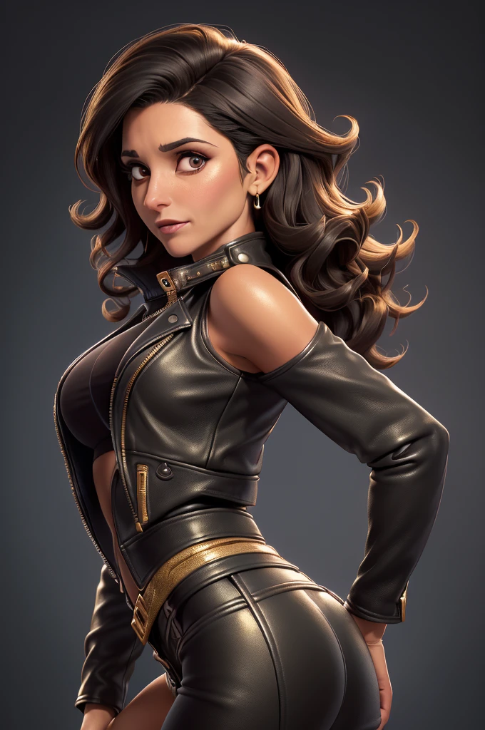 obra prima, melhor qualidade, ((only one woman,)) ((julia louis dreyfus, dark tan skin, short black curly hair, heavy makeup eye shadow, mouth open,)) (((wearing thigh length black distressed leather jacket,))) (((jacket is zipped up, jacket covers waist and ass,))) ((jacket has stiff high collar,)) ((gold pvc gloves,)) body is very skinny, standing up, (((arched back, shoulders leaning way back, hips twisting, head tilted way back, chin up,))) ((camera back view, extreme closeup view of upper body,)) shallow depth of field, highres, HD, 8k, anatomically correct