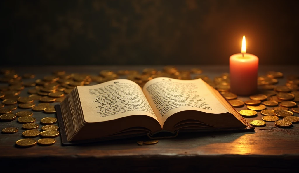 Create a hyper-realistic and mysterious image of an open book of wisdom on an antique wooden table, with a phrase written in ancient characters about the importance of prioritizing knowledge over material wealth. Next to the book, a lit candle casts a soft, golden light, illuminating the words, while in the background, in shadow, there is a pile of gold coins partially visible, suggesting that the book is more valuable than gold. The scene should focus on the simplicity and power of wisdom, with the enlightenment emphasizing that knowledge is the key to transforming financial life.