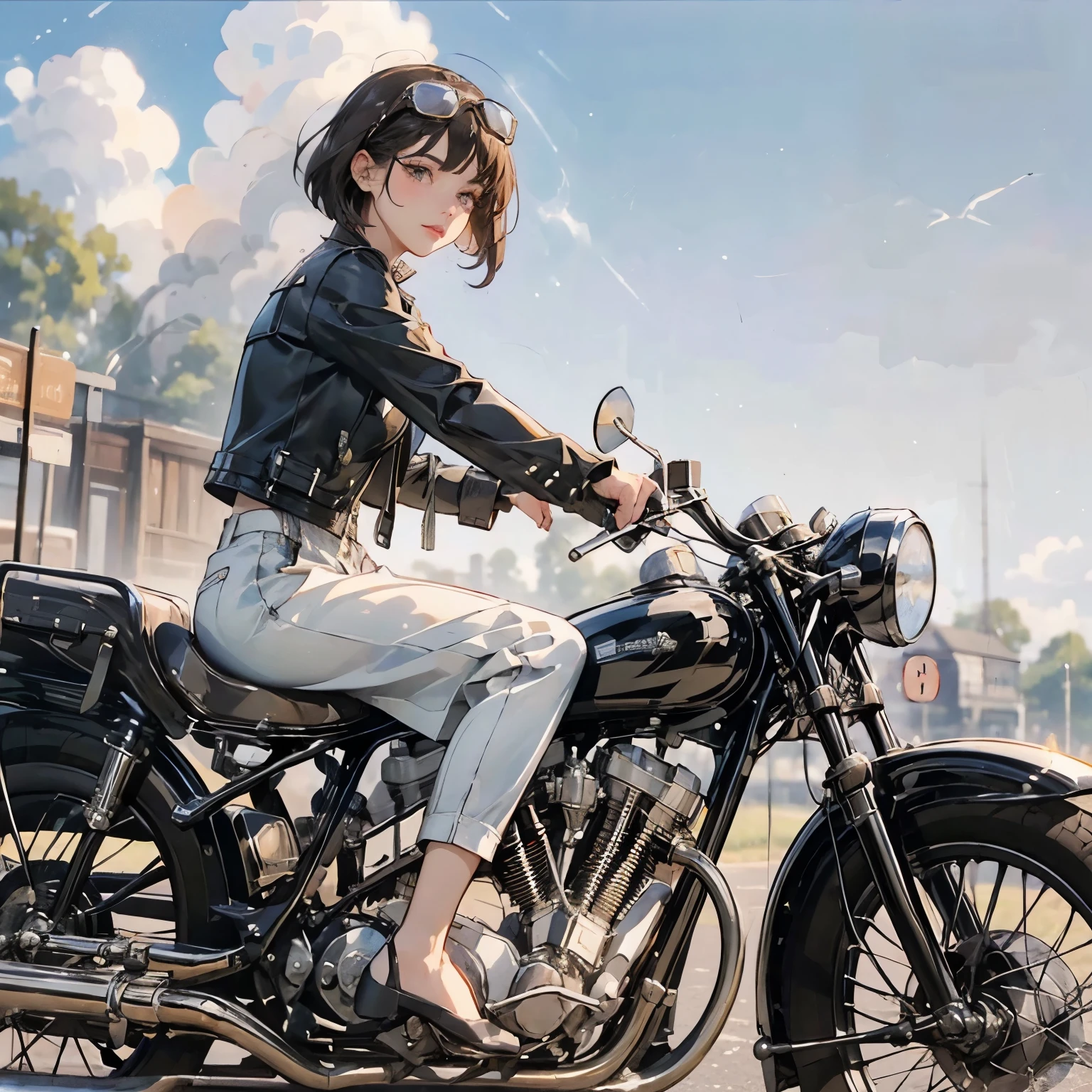 Bluff Superior SS100、(クラシックRiding on motorcycle )、(Vintage Bikes、Bluff Superior SS100)、Isle of Man Races、 (Riding on motorcycle:1.2), Beautiful young woman、18-year-old、Beautiful Face, Beautiful delicate eyes, Black Hair, Short Bob Hair, Classic Leather Jacket、Cromwell helmet with goggles、After the Rain、English countryside、 Detailed Description、(Highest quality, masterpiece, High resolution)、8k、wallpaper