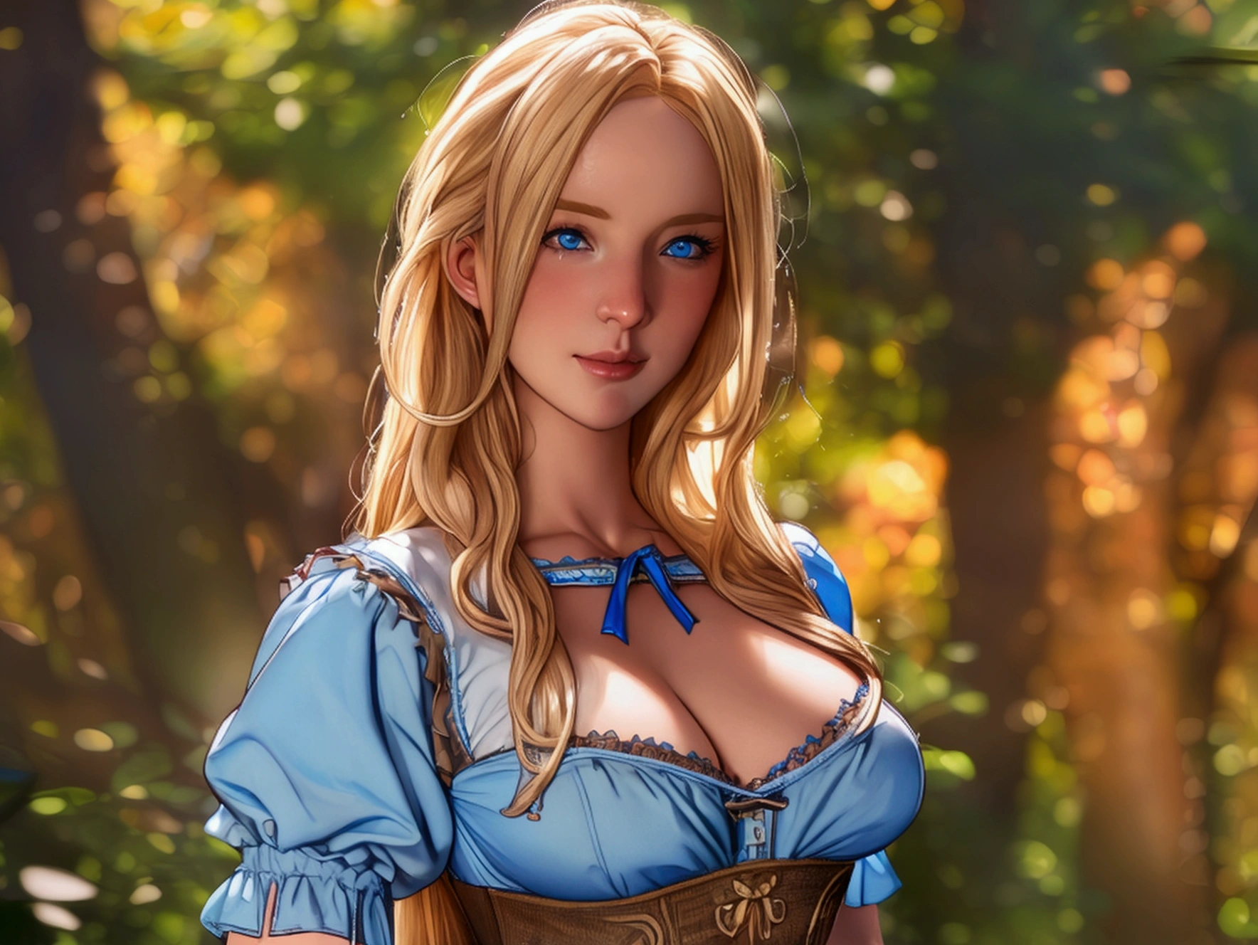 (best quality, ultra-detailed, realistic:1.37), Bavarian woman, long blond hair, blue eyes, curvaceous body, short skirt Dirndl Dress, partial exposed breast, alluring mole, mature and confident, milf, vibrant colors, studio lighting, ((full body pose)), Bavarian nature background.
