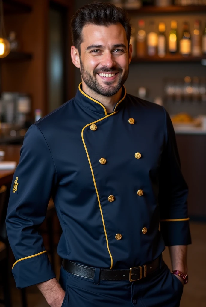 Navy blue and gold chef jacket for bartender