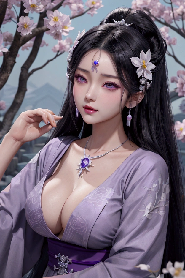 evil anime human woman. half-up long black hair. fair skin. purple eyes. big boobs. Modest Wuxia clothes. snowflake necklace. mauve smirking lips. Realism style. 3D anime model style. CGI animation. Wuxia style. Flower Garden background.