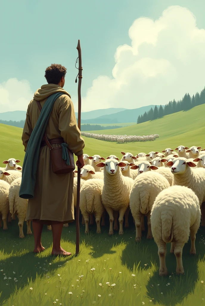 Shepherd of the 99 sheep with the rest closer to the front