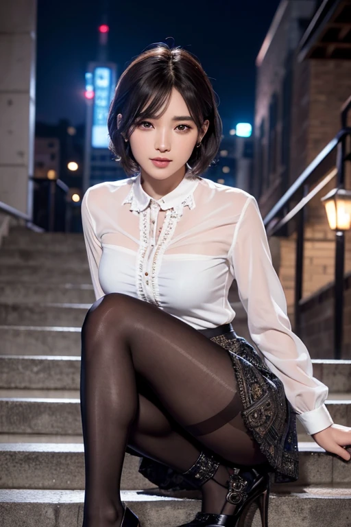 8K RAW Photos、High resolution、Daughter of、Layered Hair、Formal Shirt、Formal Skirt、smile、Long eyelashes、Beautiful double eyelids、eye shadow、Beautiful slim legs、(super Realistic pantyhose:1.3)、short hair、In front of the station at night、Stairs at night、Squat、Please sit down、Luxury High Heels、(Intricate details:1.4),(Realistic:1.4),Octane Rendering, 複雑な 3D レンダリングのVery detailed, Soft studio light, Rim Light, Sharp details, Very detailed, Realistic skin texture, Surface Details, Beautiful eyes in every detail, Highly detailed CG Unity 8K wallpapers, Compensate, (Detailed Background:1.2),