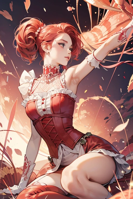 Cameo has peach-colored skin with blue eyes, pink lips, and red eyebrows. She wears red and blue makeup around her eyes and eyebrows. Her red hair is pulled back around her antennae and down to her knees. Cameo wears a molded-on bodice with a yellow collar and a red corset. The bodice has a lacey pattern. There is a blue coral design down the red corset with pink pearls down the middle of the coral and trimming the top of the red corset. Her pencil skirt is light pink a pattern of corals, bubbles, shells, and pearls all in colors of red, yellow, and blue. Cameo wears red wedges with crab faces on the noses. She wears a red belt with crab legs on them. SPARKLE; GLITTER