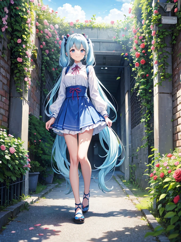 Light blue long hair、Beautiful girl with twin tails、Walking through a tunnel of roses、smile、