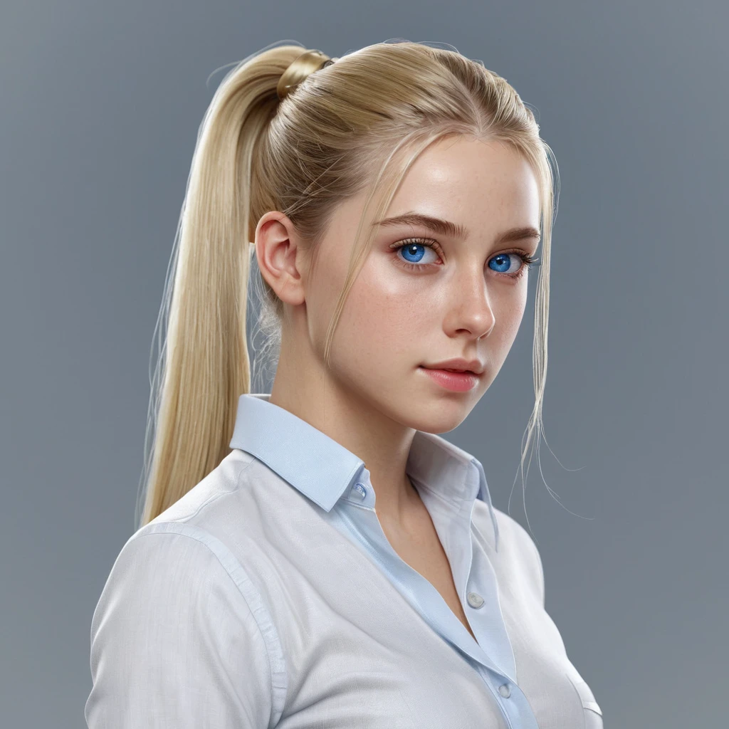 1girl, European young adult, Solo, High Resolution, Long Hair, Blue eyes, Blonde Hair, Ponytail, Masterpiece, Accurate, Anatomically Correct, Award Winning, Best Quality, Detail, High Details, High Quality, Super Detailed, UHD, front view,