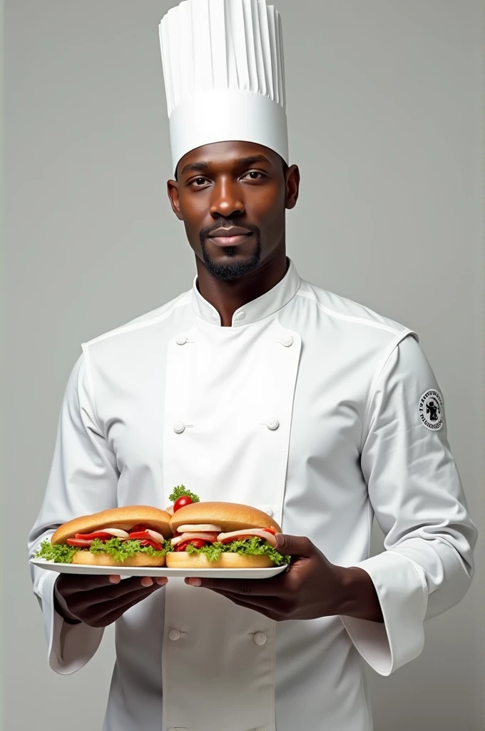 Tall, thin, black-skinned man with a goatee, in chef's clothing, with a cap and a sandwich in his hand, no pissing style