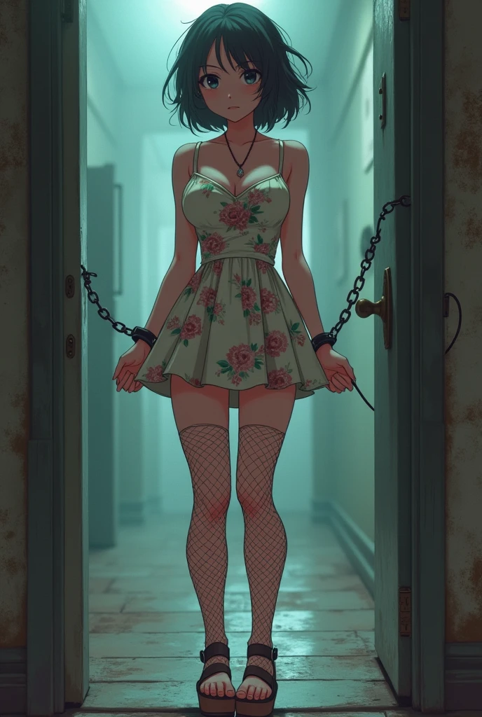 Young woman in handcuffs, anime, short floral dress with a neckline, Wedge sandals, fishnet knee high stockings