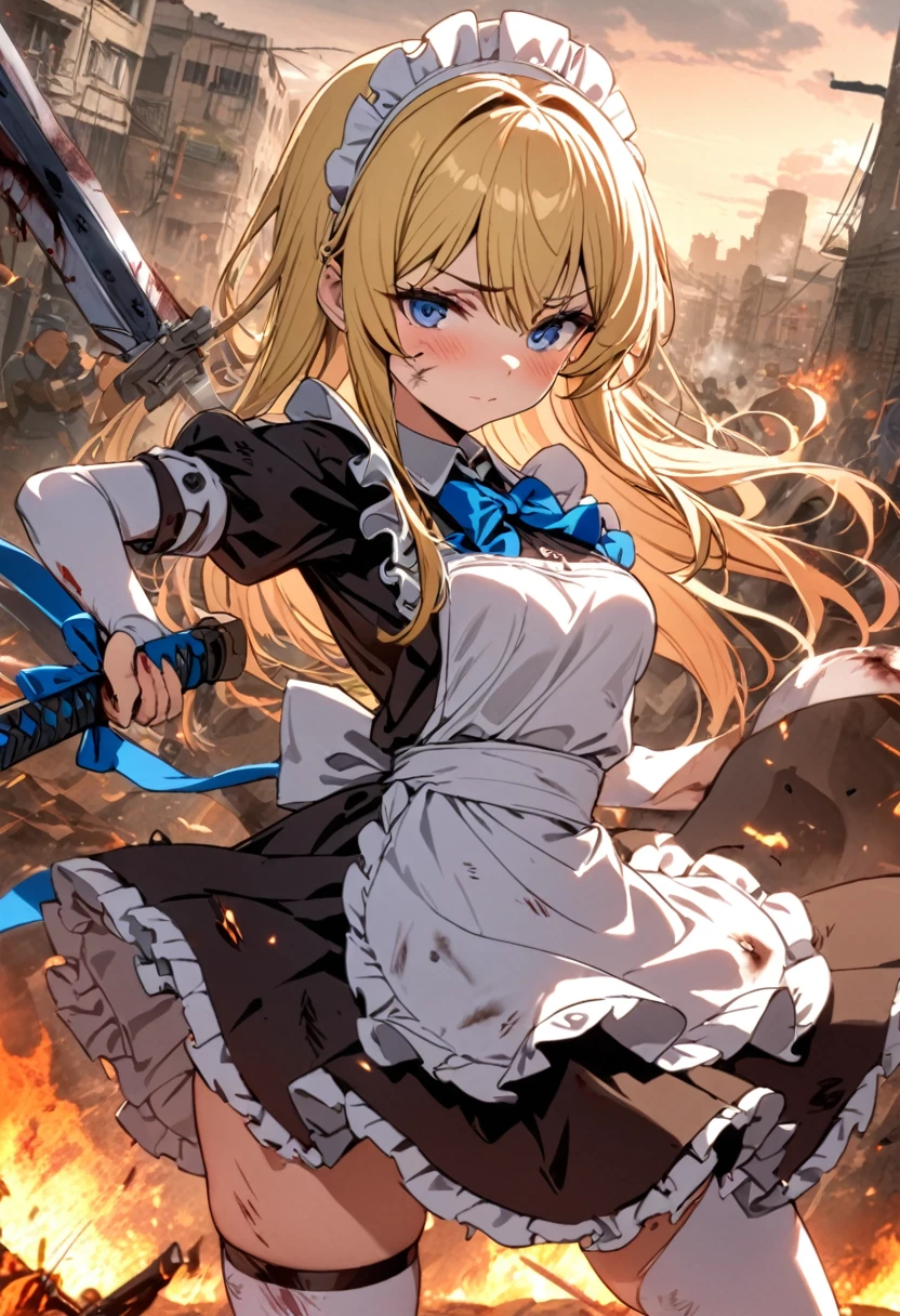 (8k, super high quality, masterpiece), (detailed), One Woman, Small breasts, blonde, cute, A little long, Blue Ribbon, Apron dress, Maid clothes, Slash with a two-handed sword, Perfect Posture, Burning Battlefield, City defense, The whole body is dirty., Torn clothing, A strong enemy before me, deadly battle, Intense Combat, Quite dirty, Burnt, Injury, Blood