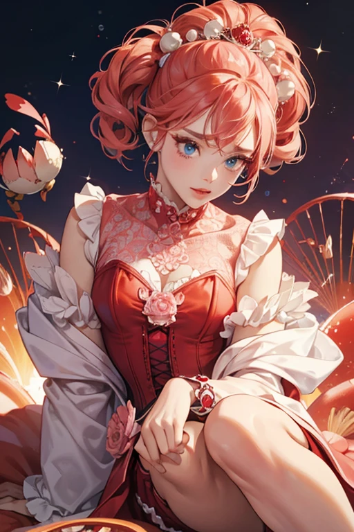 Cameo has peach-colored skin with blue eyes, pink lips, and red eyebrows. She wears red and blue makeup around her eyes and eyebrows. Her red hair is pulled back around her antennae and down to her knees. Cameo wears a molded-on bodice with a yellow collar and a red corset. The bodice has a lacey pattern. There is a blue coral design down the red corset with pink pearls down the middle of the coral and trimming the top of the red corset. Her pencil skirt is light pink a pattern of corals, bubbles, shells, and pearls all in colors of red, yellow, and blue. Cameo wears red wedges with crab faces on the noses. She wears a red belt with crab legs on them. SPARKLE; GLITTER