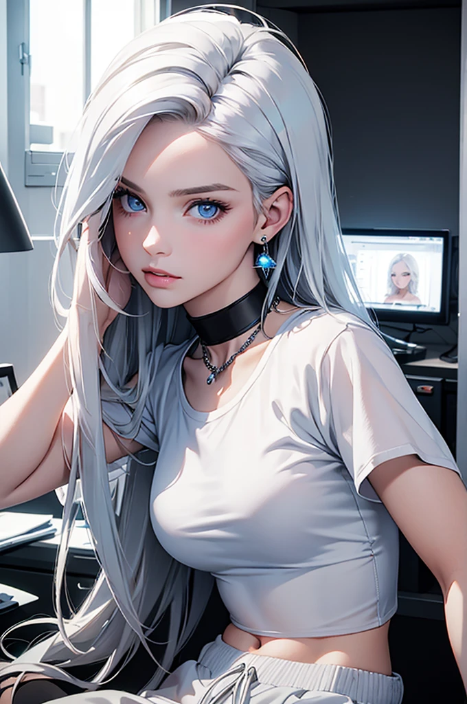 Best quality, masterpiece, ultra high res, (photorealistic:1.4), raw photo, 1girl, in an office, looking at viewer, bright icy blue eyes, white hair, long hair, loose white crop top, baggy black sweatpants, black choker, dangling crystal earring