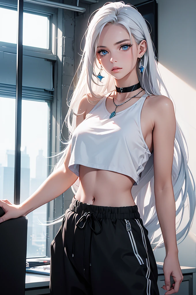 Best quality, masterpiece, ultra high res, (photorealistic:1.4), raw photo, 1girl, in an office, looking at viewer, bright icy blue eyes, white hair, long hair, loose white crop top, baggy black sweatpants, black choker, dangling crystal earring