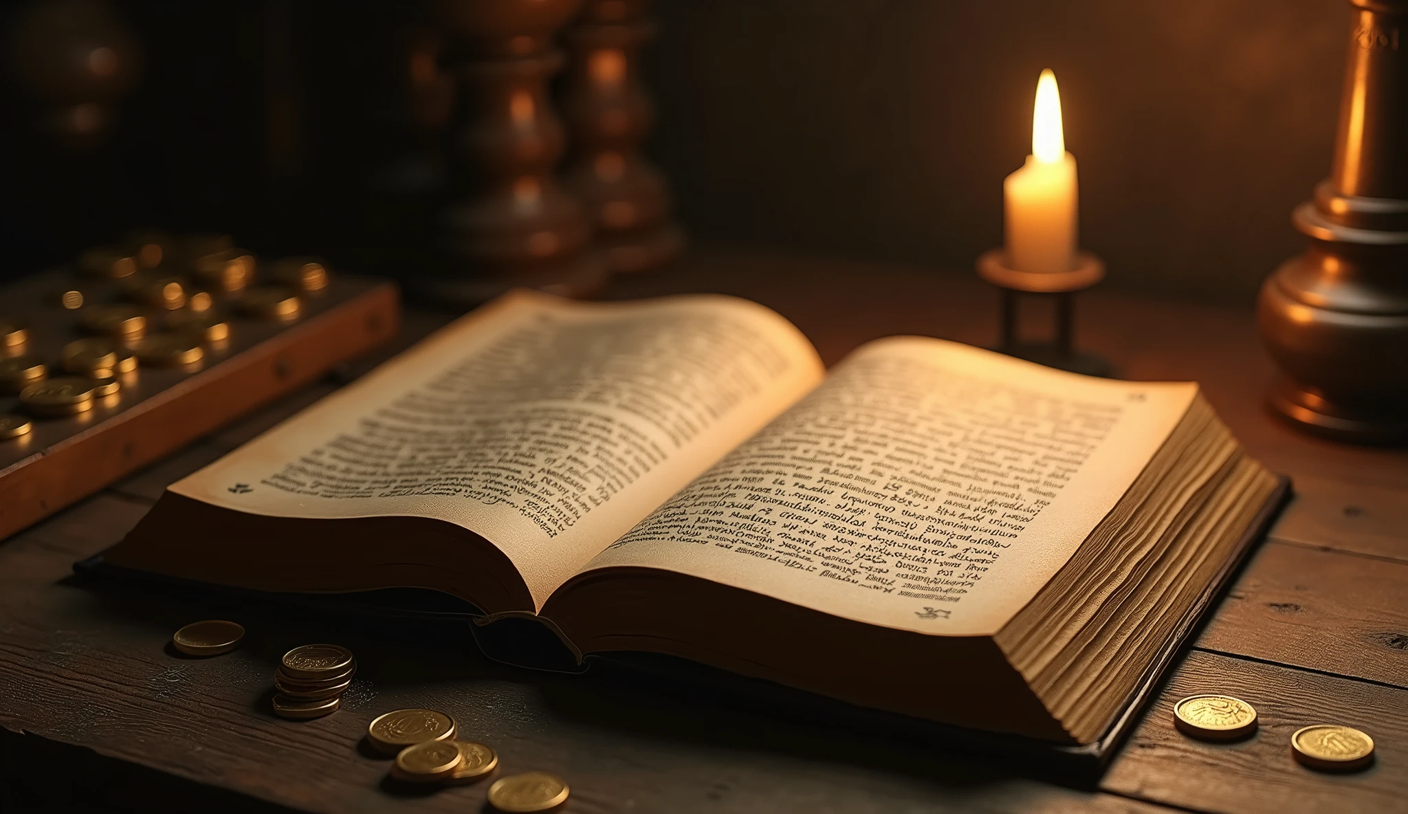 Create a hyper-realistic and mysterious image of an open book of wisdom on an antique wooden table, with a phrase written in ancient characters about the importance of prioritizing knowledge over material wealth. Next to the book, a lit candle casts a soft, golden light, illuminating the words, while in the background, in shadow, there is a pile of gold coins partially visible, suggesting that the book is more valuable than gold. The scene should focus on the simplicity and power of wisdom, with the enlightenment emphasizing that knowledge is the key to transforming financial life.