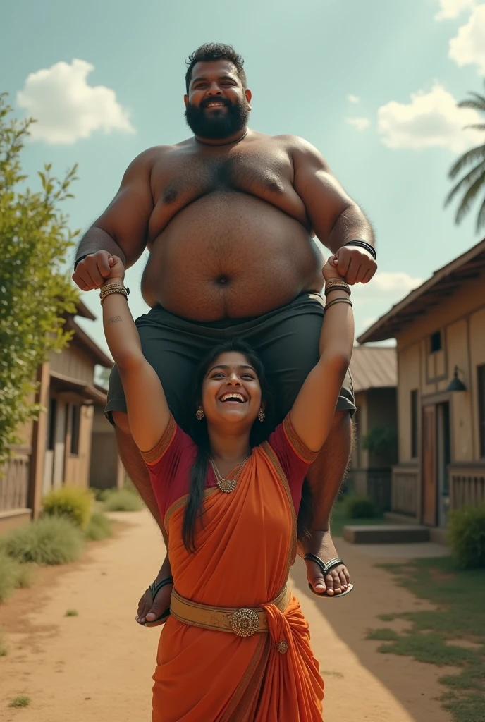 Sexy Indian  girl lifting a large chubby man high above her head with her strong arms. Photorealistic. Wide angle. Farmhouse in the background, natural smile 