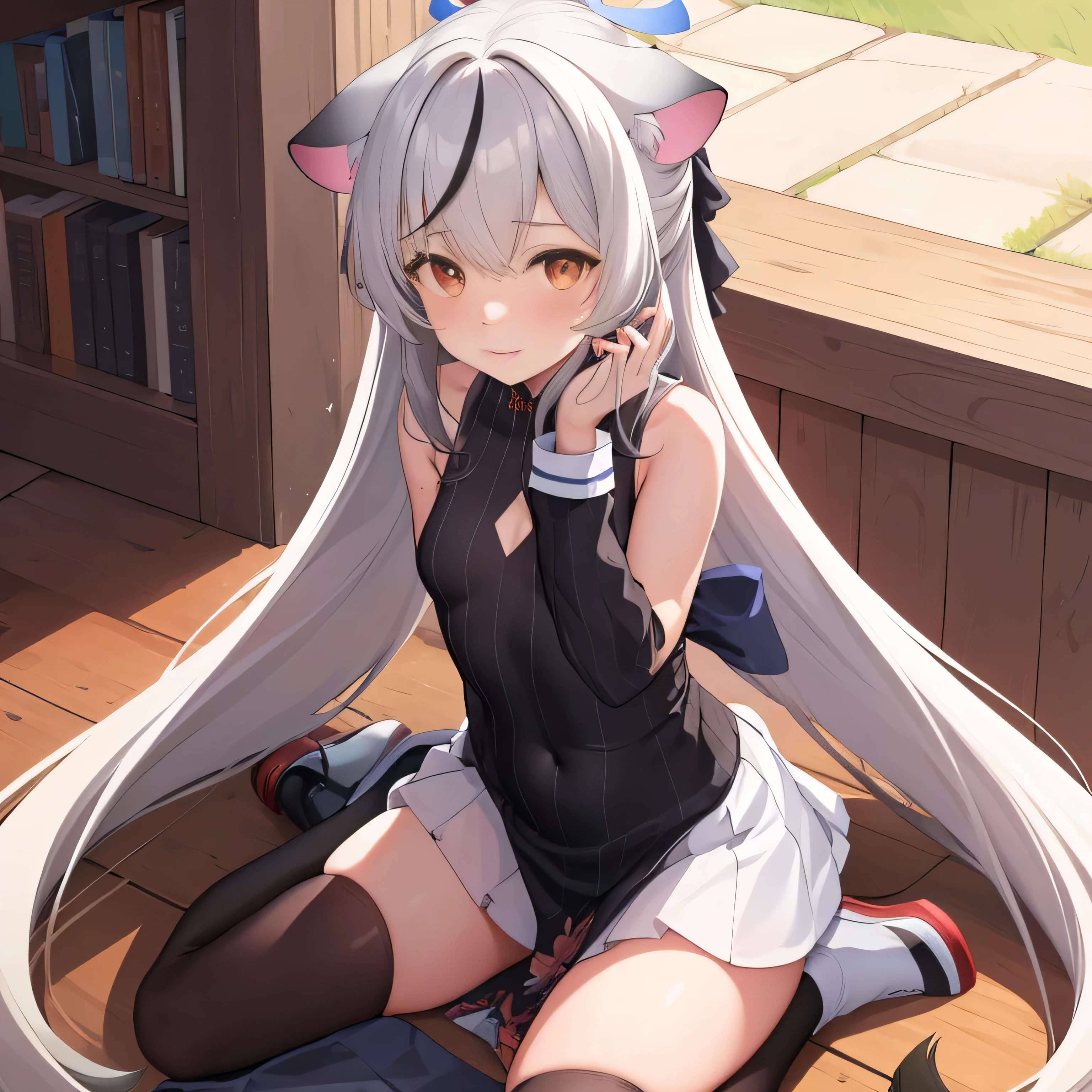 (masterpiece, Highest quality:1.2),figure,8k,High resolution,1 girl,alone,animal_ears,Cat_ears,bow,length_hair,hair_bow,white_hair,前hair,Moderate_chest,black_bow,ribbon,direction,Double Tail,animal_ear_Fluff,red_eye,hair bow,belly button,white thighhighs,Sleeveless tops,Sailor collar,mini skirt,arm ribbon,