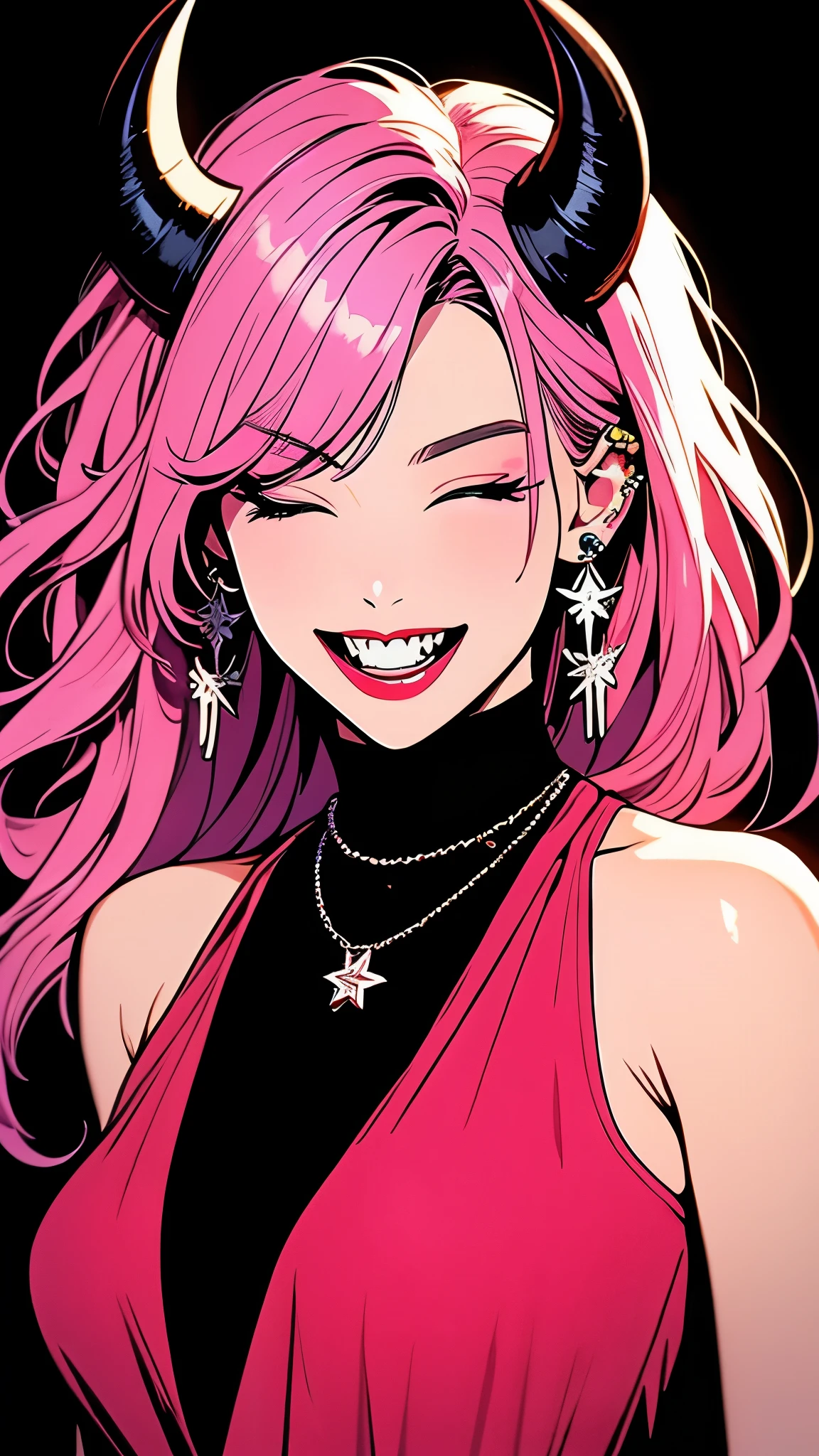 1girl, long detailed hair, horns, pink hair, bangs, smile, open mouth, teeth, sharp teeth, fangs, earrings, one eye closed, looking at viewer, bare shoulders, upper body, breasts, jewelry, tattoo, piercing, ear piercing, chain, black background, simple background