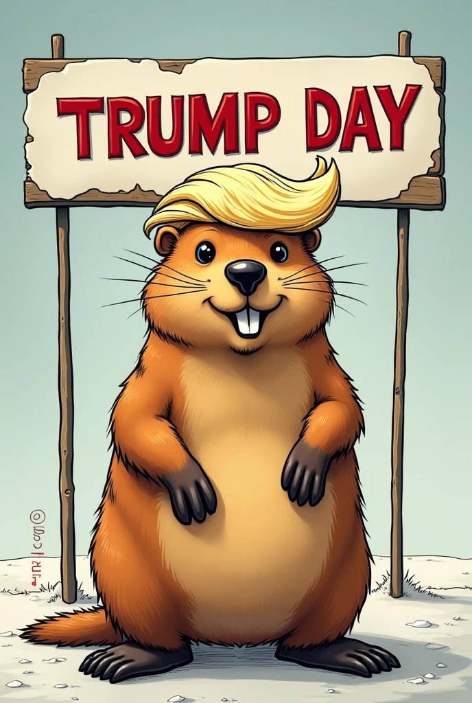 A sign that says Trump Day above And a groundhog with Donald Trump's wig below It could be like a cartoon. And the groundhog is the boss