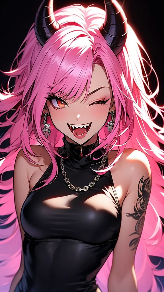 1girl, long detailed hair, horns, pink hair, bangs, smile, open mouth, teeth, sharp teeth, fangs, earrings, one eye closed, looking at viewer, bare shoulders, upper body, breasts, jewelry, tattoo, piercing, ear piercing, chain, black background, simple background