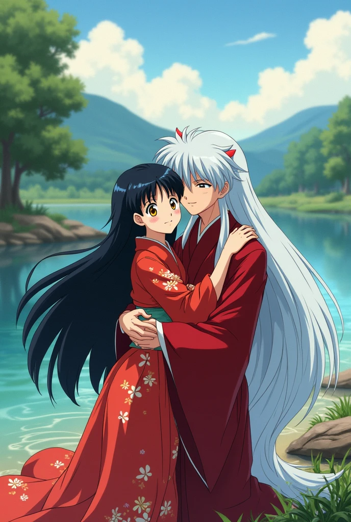 ahome dressed in traditional clothes and inuyasha hugging her on the shore of a lake