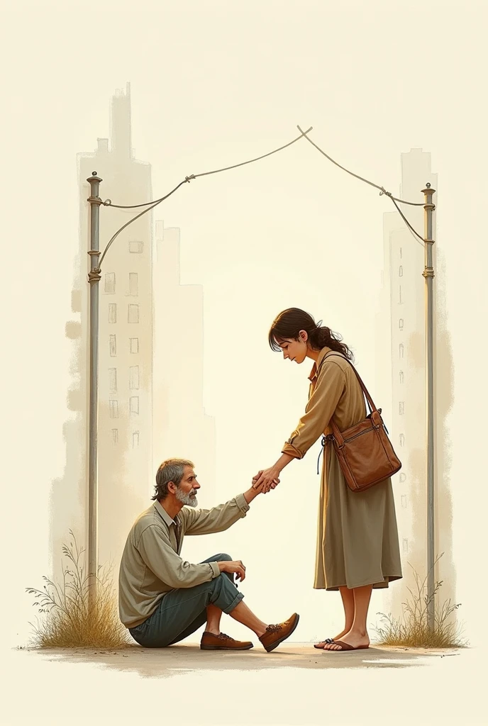 A drawing with the value of humility, make it easy and simple, A person helping another person in need who is on the street