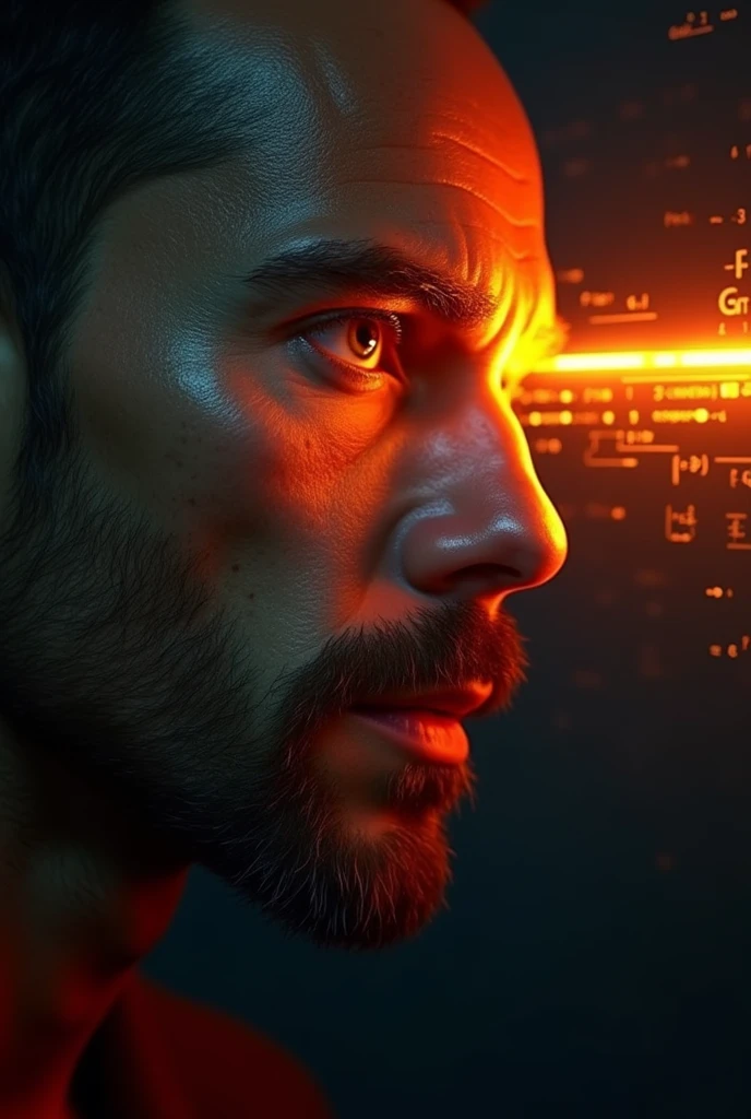 Close-up of a thin bearded man's face, A bright orange holographic beam projected onto the skin on the cheek in the same style as the Flash logo. intense look, realistic features. dark background, cyberpunk aesthetic. Luminous mathematical formulas, handwritten style. Futuristic, high-tech atmosphere. photorealistic rendering, dramatic lighting, sharp contrast