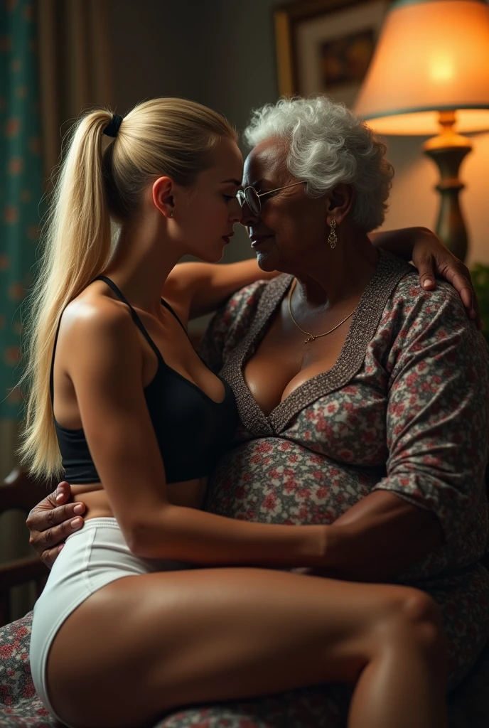  Create an image of an adult blonde woman with her hair tied in a ponytail, wearing white panties and a black strapless top sitting on an elderly lady&#39;s lap, 90 years old, fat black woman, wearing a floral dress and glasses.