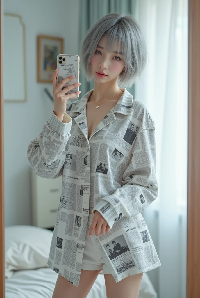 highly detailed, beautiful, hyper Realistic girl, masterpiece, best quality, Japanese sexy gravure woman, 2, identity hidden, takes a selfie in her room using a smartphone in front of a mirror with one hand, fashion model Posing, looking away from the camera, /// gray short hair, light color eyes, Realistic skin, Detailed face, /// Design a futuristic fashion ensemble centered on white, (wearing a All News Paper Print Big nylon Shirt, Shorts are hidden in a big and logshirt). Complete the look with white ankle boots that have a metallic finish and a translucent, The overall vibe should exude a sleek, forward-thinking style that seamlessly blends modern minimalism with a touch of the future, /// Monotone simple modern taste single room, mirror, complicated background,