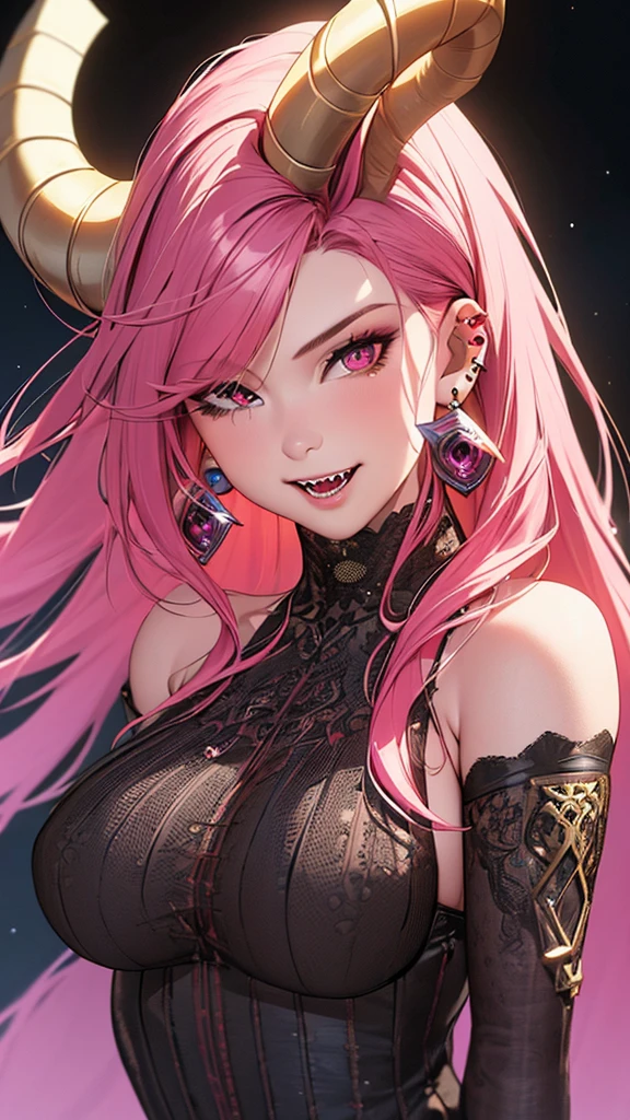 1girl, long detailed hair, horns, pink hair, bangs, smile, open mouth, teeth, sharp teeth, fangs, earrings, one eye closed, looking at viewer, bare shoulders, upper body, breasts, jewelry, tattoo, piercing, ear piercing, chain, black background, simple background, (best quality,4k,8k,highres,masterpiece:1.2),ultra-detailed,(realistic,photorealistic,photo-realistic:1.37),highly detailed face, detailed eyes, detailed lips, extremely detailed, extremely detailed facial features, extremely detailed skin, extremely detailed hair, hyper detailed, intricate details, extremely vivid colors, vibrant colors, cinematic lighting, dramatic lighting, dramatic shadows