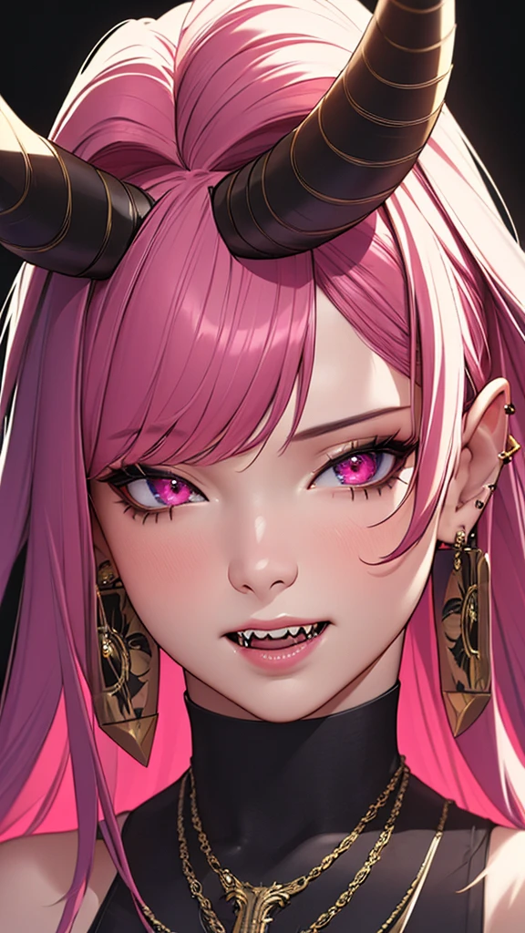 1girl, long detailed hair, horns, pink hair, bangs, smile, open mouth, teeth, sharp teeth, fangs, earrings, one eye closed, looking at viewer, bare shoulders, upper body, breasts, jewelry, tattoo, piercing, ear piercing, chain, black background, simple background, (best quality,4k,8k,highres,masterpiece:1.2),ultra-detailed,(realistic,photorealistic,photo-realistic:1.37),highly detailed face, detailed eyes, detailed lips, extremely detailed, extremely detailed facial features, extremely detailed skin, extremely detailed hair, hyper detailed, intricate details, extremely vivid colors, vibrant colors, cinematic lighting, dramatic lighting, dramatic shadows