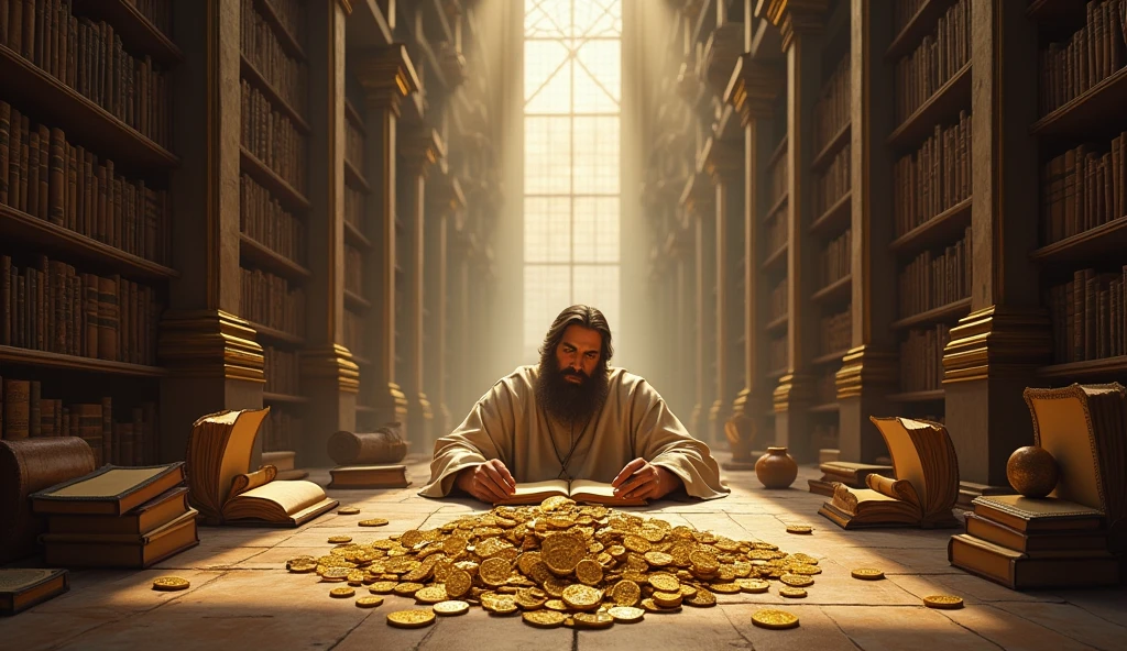 Create a hyper-realistic and mysterious image of Solomon in a vast library, surrounded by shelves full of books and scrolls. In the center of the library, a pile of gold coins and jewels lies untouched, while Solomon is sitting at a table, completely absorbed in reading a book of wisdom. The golden light coming through the tall windows illuminates the table and the book., leaving the gold in the shade, symbolizing that true wealth lies in knowledge. The scene should convey the idea that prioritizing wisdom over material possessions is the secret to lasting financial success..