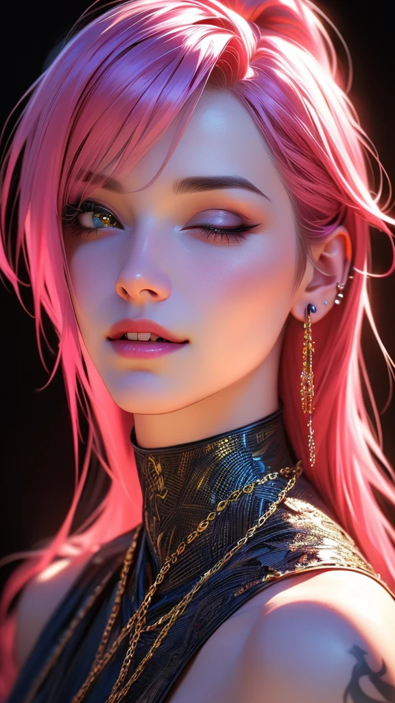 1girl, long detailed hair, horns, pink hair, bangs, smile, open mouth, teeth, sharp teeth, fangs, earrings, one eye closed, looking at viewer, bare shoulders, upper body, breasts, jewelry, tattoo, piercing, ear piercing, chain, black background, simple background, (best quality,4k,8k,highres,masterpiece:1.2),ultra-detailed,(realistic,photorealistic,photo-realistic:1.37),highly detailed face, detailed eyes, detailed lips, extremely detailed, extremely detailed facial features, extremely detailed skin, extremely detailed hair, hyper detailed, intricate details, extremely vivid colors, vibrant colors, cinematic lighting, dramatic lighting, dramatic shadows