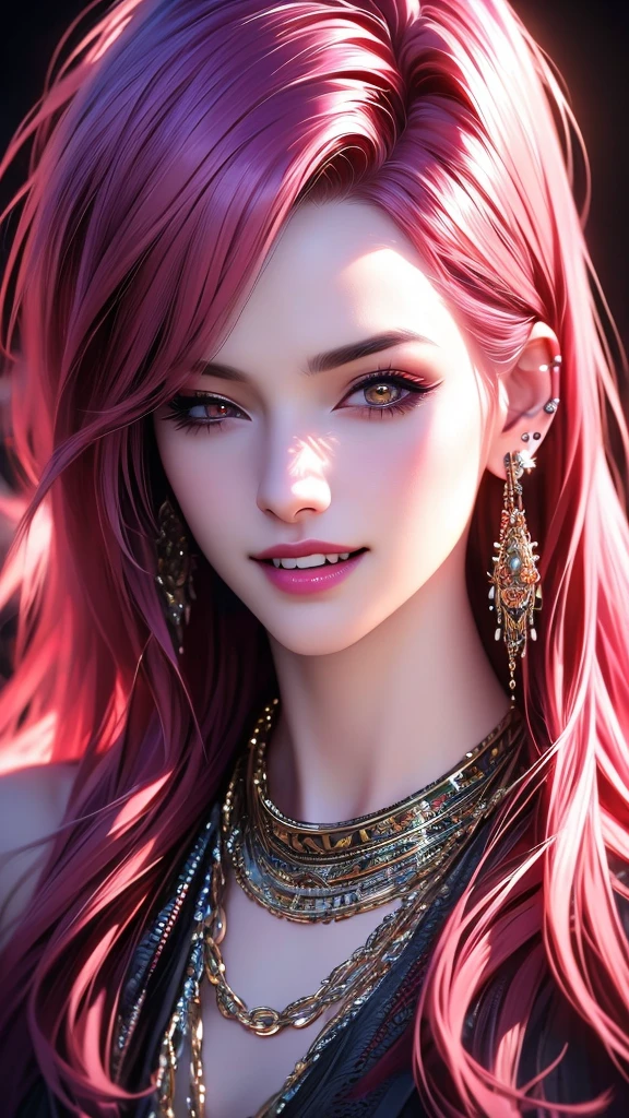 1girl, long detailed hair, horns, pink hair, bangs, smile, open mouth, teeth, sharp teeth, fangs, earrings, one eye closed, looking at viewer, bare shoulders, upper body, breasts, jewelry, tattoo, piercing, ear piercing, chain, black background, simple background, (best quality,4k,8k,highres,masterpiece:1.2),ultra-detailed,(realistic,photorealistic,photo-realistic:1.37),highly detailed face, detailed eyes, detailed lips, extremely detailed, extremely detailed facial features, extremely detailed skin, extremely detailed hair, hyper detailed, intricate details, extremely vivid colors, vibrant colors, cinematic lighting, dramatic lighting, dramatic shadows