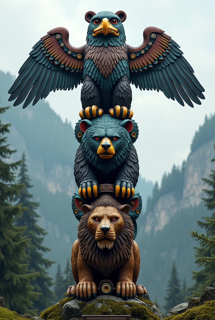 A totem of an eagle, a bear and a lion
