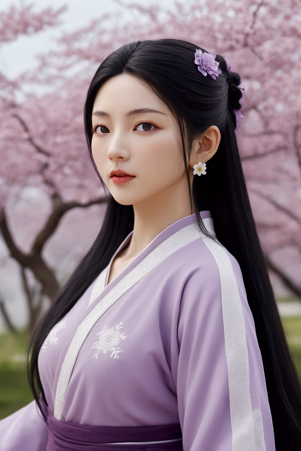 evil anime human woman. half-up long black hair. fair skin. purple eyes. big boobs. Modest Wuxia clothes. snowflake necklace. mauve smirking lips. Realism style. 3D anime model style. CGI animation. Wuxia style. Flower Garden background.