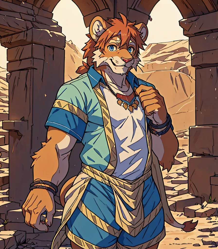 to be born, masterpiece, Highest quality, Realistic, there is nothing, irrational solution, Complex pupil, Intricate weaving, Detailed lighting, Attention to detail, , Written boundary depth,
美しいeye, 詳細なeye,
Underground Arena,desert temple,
(alone), Furry, Humanity, kemono, Lion, ,eye,eye, (slim:1.15), 80 years old, male, Weight 90kg,height: 190cm,expensive,good looking,Long limbs,
Body hair, Tail tassel, beard,pad, 青いeye,
Tied Hair,eyeの間の毛,Ahoge,Side Lock,Crossed bangs,
Are standing, smile, 
,necklace,,bracelet, Blue shorts,shirt,