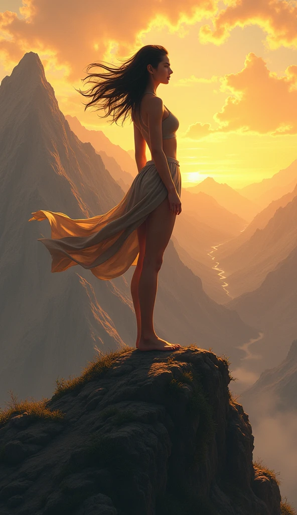 Create a hyper-realistic, 4K digital artwork of a powerful woman embodying the Capricorn zodiac sign. She stands tall on a mountain peak at sunrise, her posture exuding strength and determination. Her dark, sleek hair is pulled back, revealing a focused expression with intense, sharp eyes. The background shows a rugged mountain landscape bathed in the golden light of dawn, symbolizing the hard-earned success of Capricorns. The overall tone is grounded and earthy, with hints of gold highlighting her ambition and perseverance."