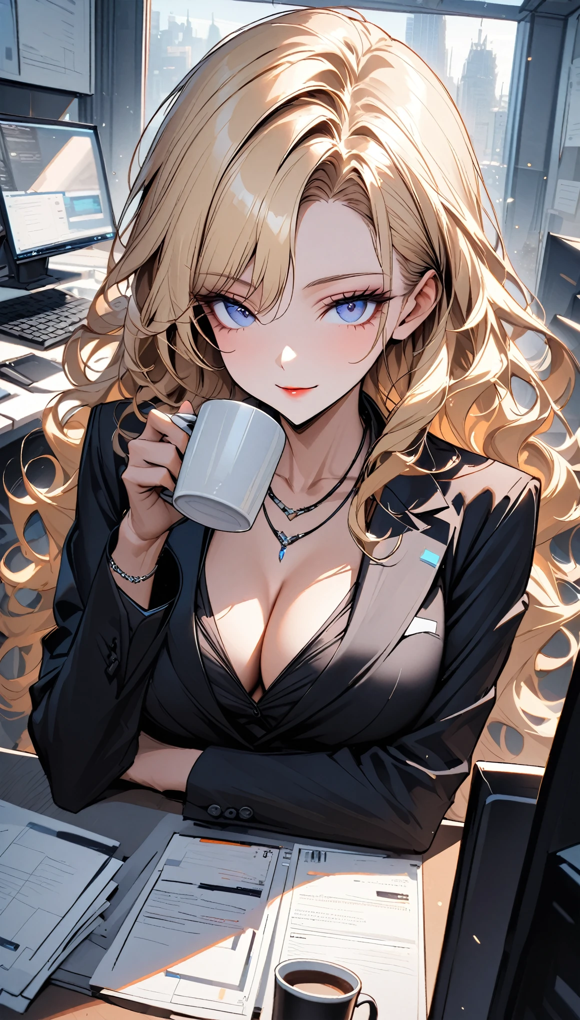 solo female, long wavy blonde hair, blue eyes, wink, secretary, office, business suit, calm seductive smile, elegant, necklace, business jacket, cleavage, computer, very large breasts, very long lashes, medium shot, futuristic:0.3, drinking coffee, relaxed, holding mug, day