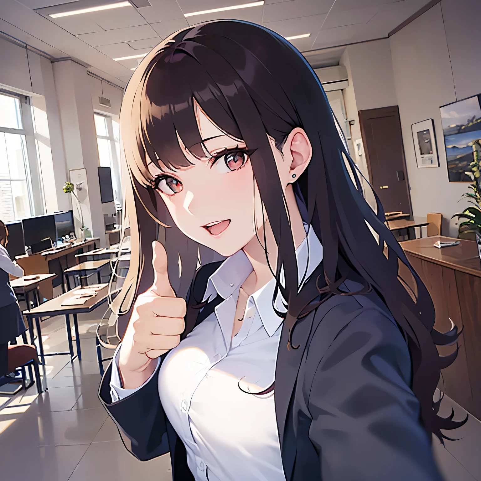 Detailed CG,Ultra-fine illustrations,masterpiece,Highest quality,BREAK(business suit:1.5) and (white collared shirt)BREAK,Realistic,Real person,RAW Photos,Realistic(Pale skin:1.2),Glowing Skin,Shiny Hair,(A 32-year-old woman with medium-length hair and bangs)and(Wavy Hair)and(Brown Hair)and(Orange eyes),(smile),(open mouth),The background is the company reception desk.,Alone,(thumbs up:1.5),(Biologically correct5Finger)