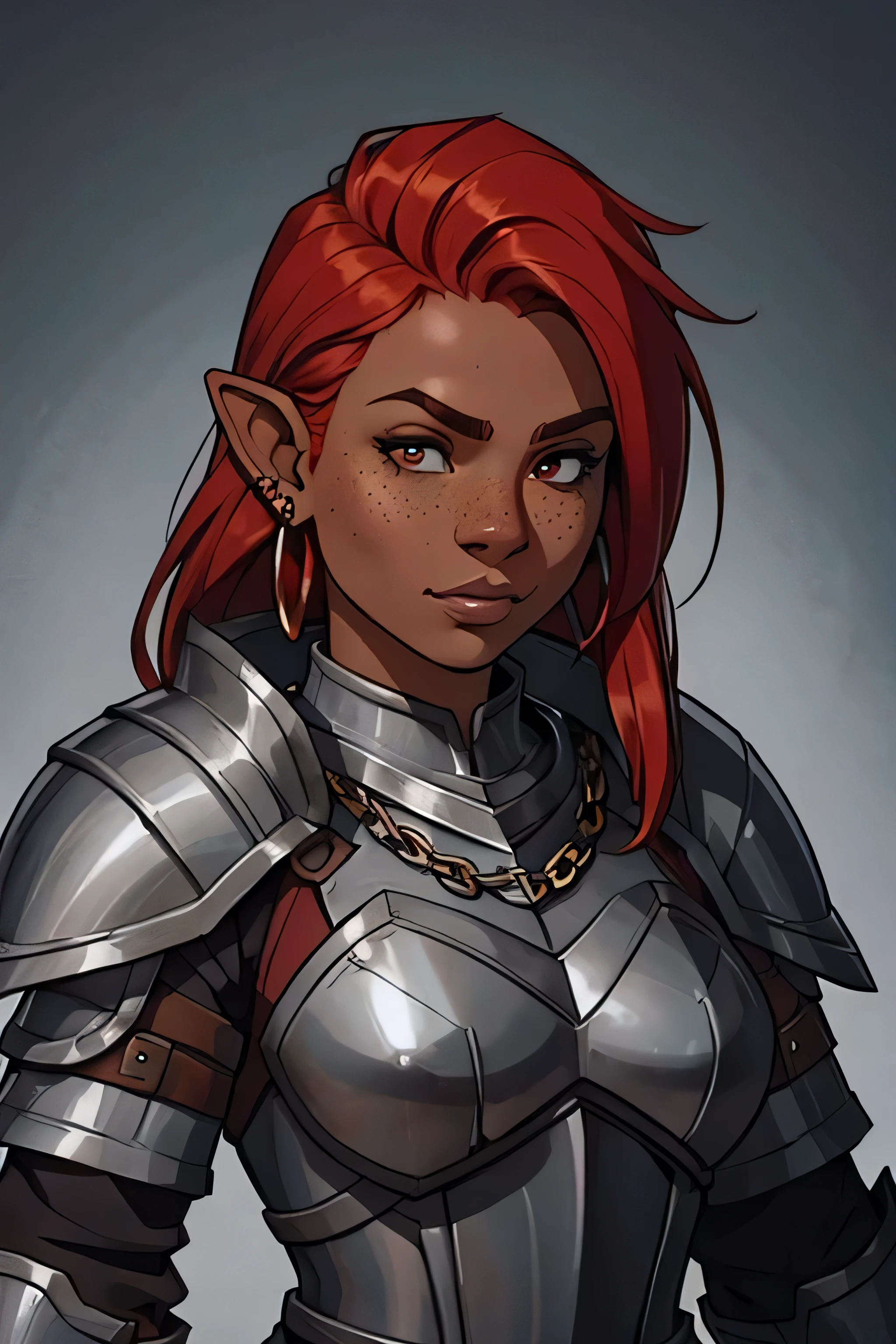 red headed, beautiful gnome with freckles, dark grey skin tone, black steel plate armor, bust portrait, ear chain jewelry