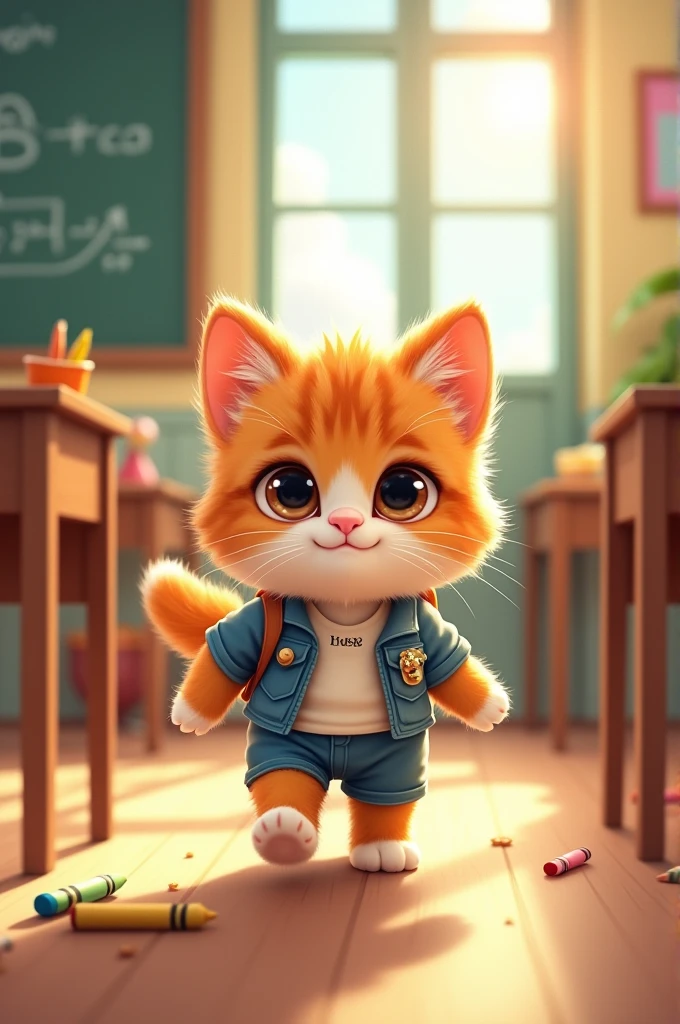 Cute kitten goes to school